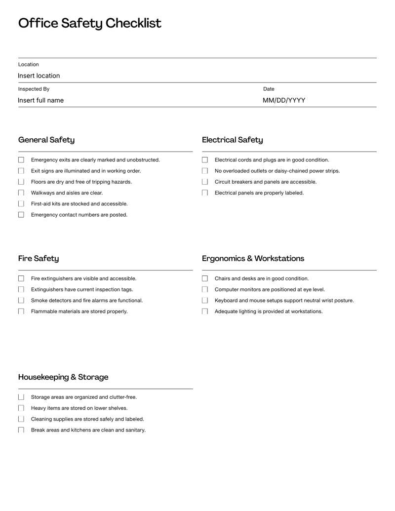 Office Safety Checklist with labeled sections for emergency exits, fire safety, electrical checks and workstation evaluations