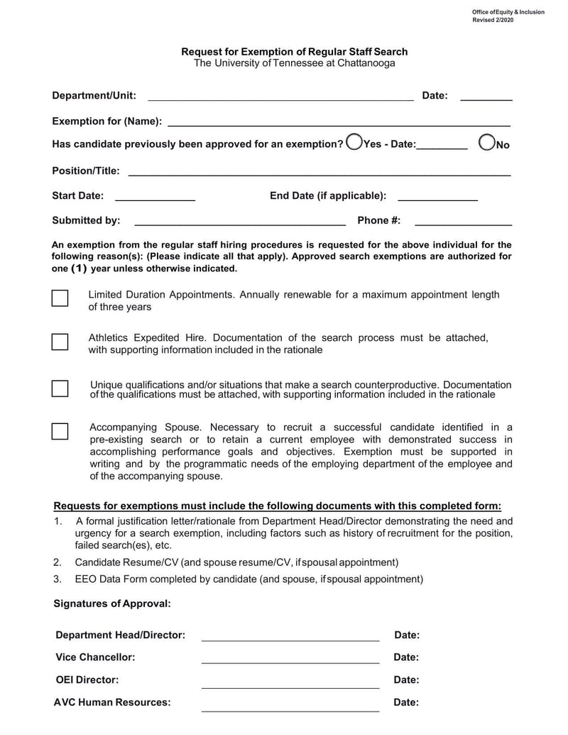 Large thumbnail of The University of Tennessee at Chattanooga Request for Exemption of Regular Staff Search