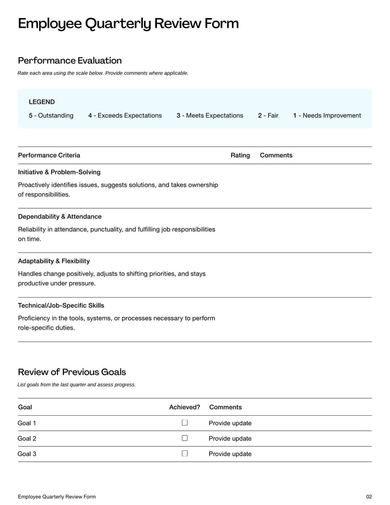 Employee Quarterly Review Form for evaluating performance over a three-month period