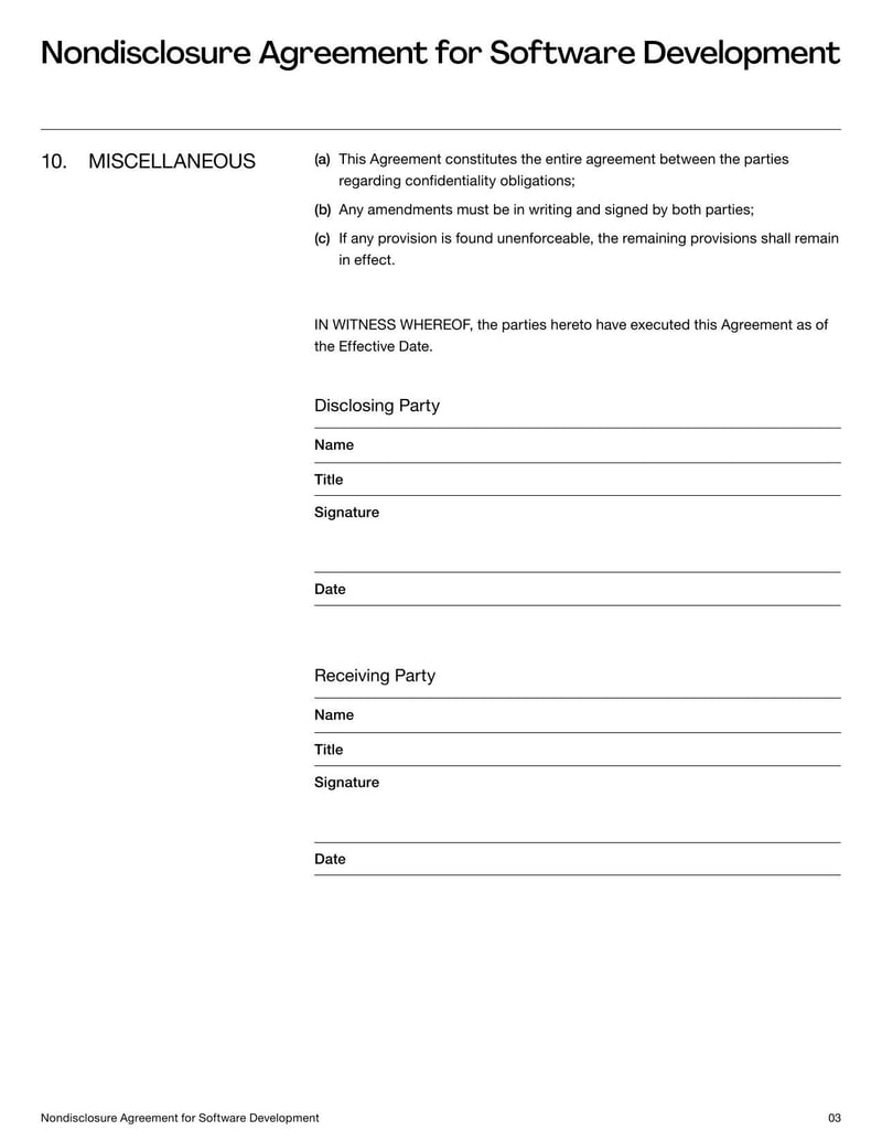Nondisclosure Agreement for Software Projects outlining confidentiality and non-disclosure terms