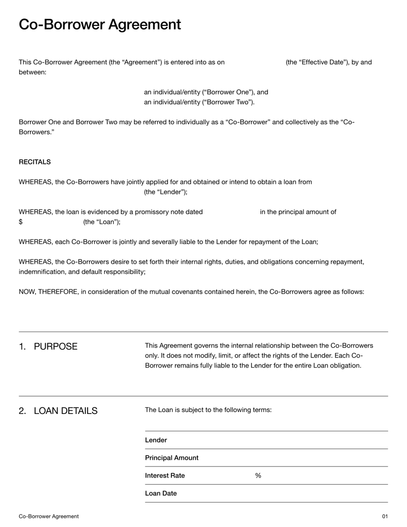 Co-Borrower Agreement defining internal payment allocation, reimbursement duties and shared loan responsibility