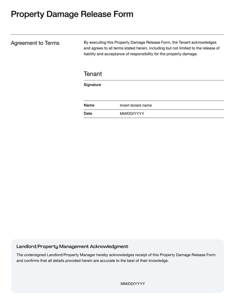 Property Damage Release Form for releasing claims over rental damage