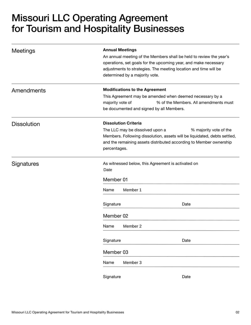 Large thumbnail of Missouri LLC Operating Agreement for Tourism and Hospitality Businesses