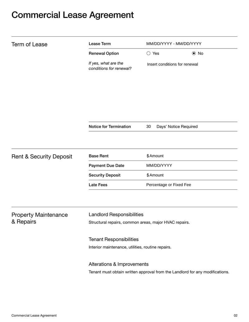 Commercial Lease Agreement for detailing rental terms, property use, and responsibilities between a landlord and a business tenant