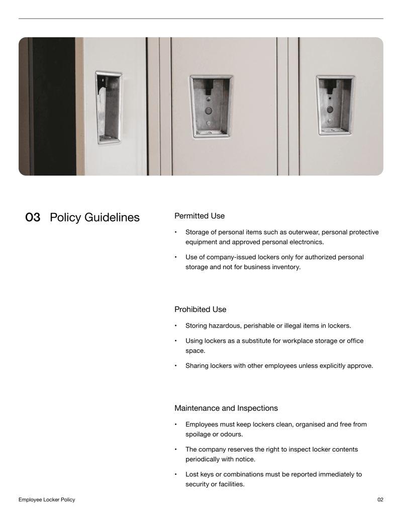 Employee Locker Policy document outlining locker assignment, permitted use, inspections, maintenance, security and acknowledgement