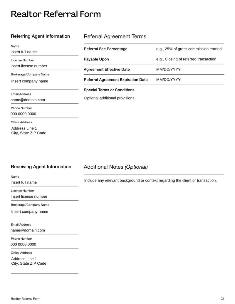 Realtor Referral Form for documenting and tracking real estate client referrals