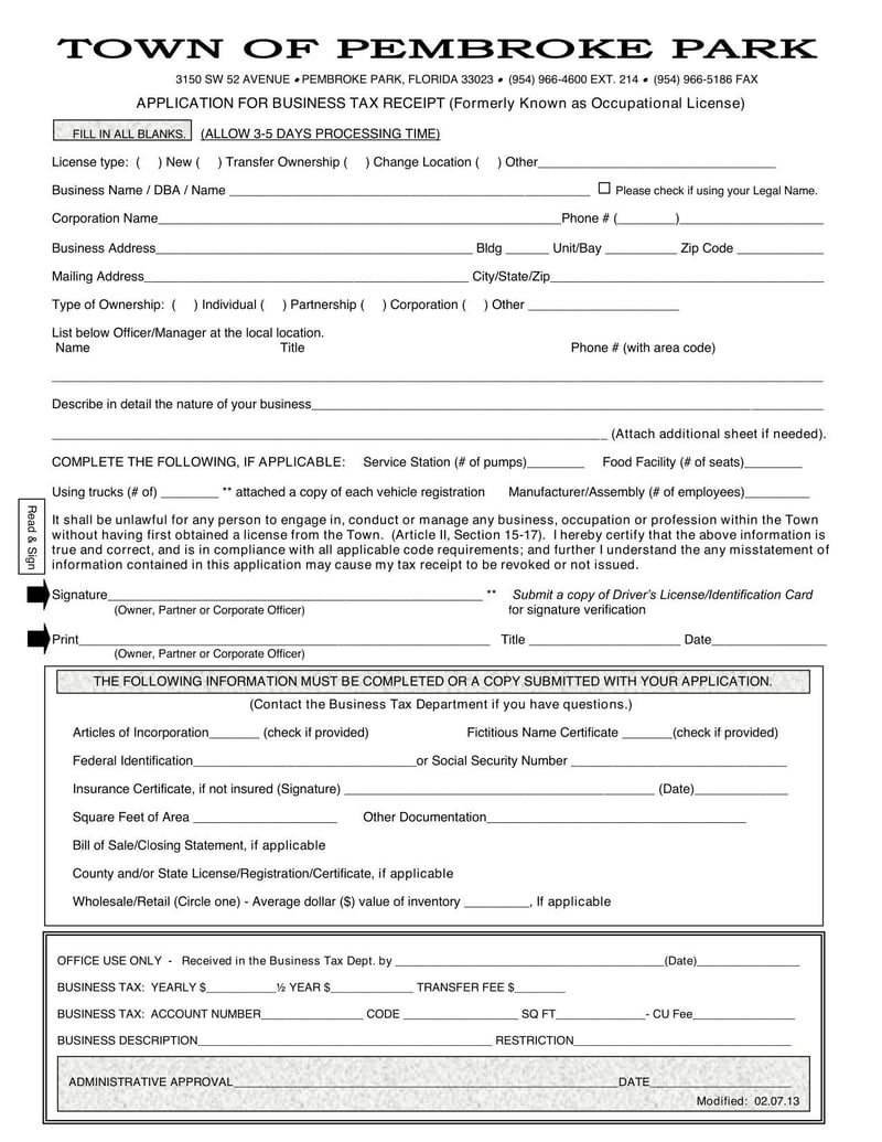 Large thumbnail of Pembroke Park Application for Business Tax Receipt (2013)