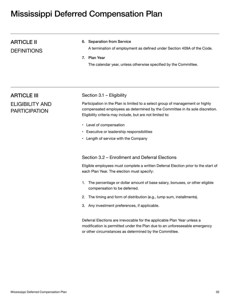 Mississippi Deferred Compensation Plan for summarizing deferred income benefits for Mississippi employees