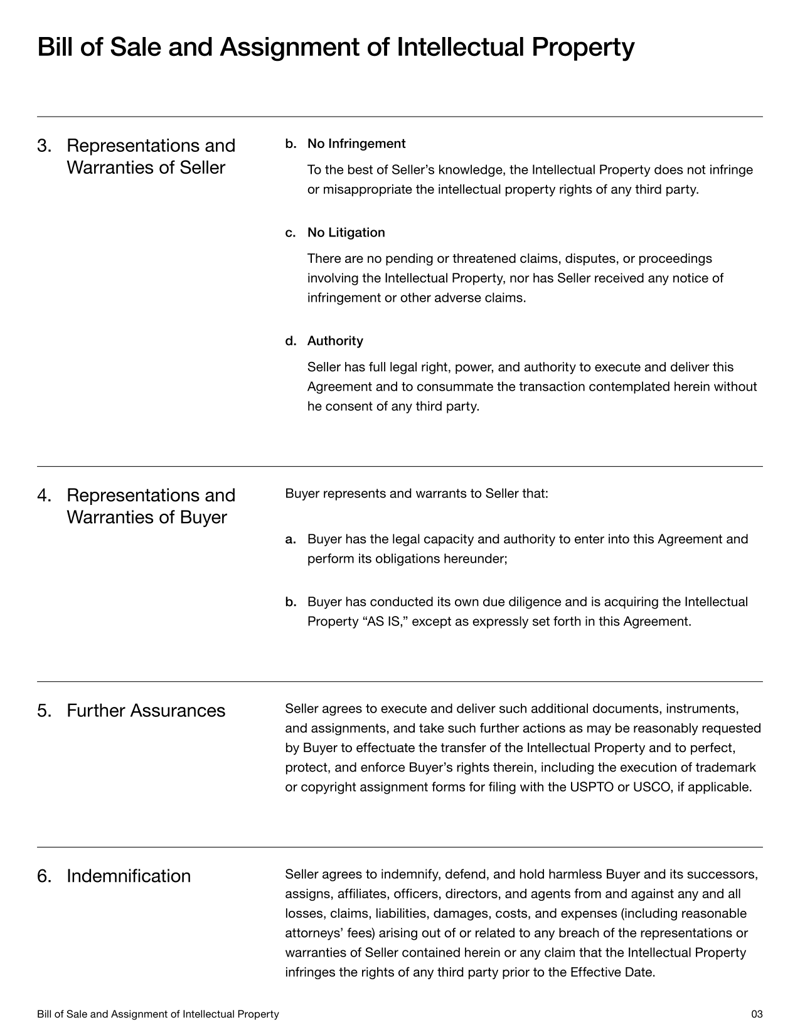 Bill of Sale for Intellectual Property template outlining the transfer of IP rights between parties