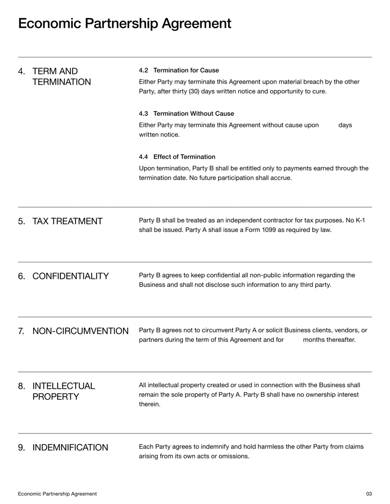 Economic Partnership Agreement defining profit participation rights without ownership, equity or management control