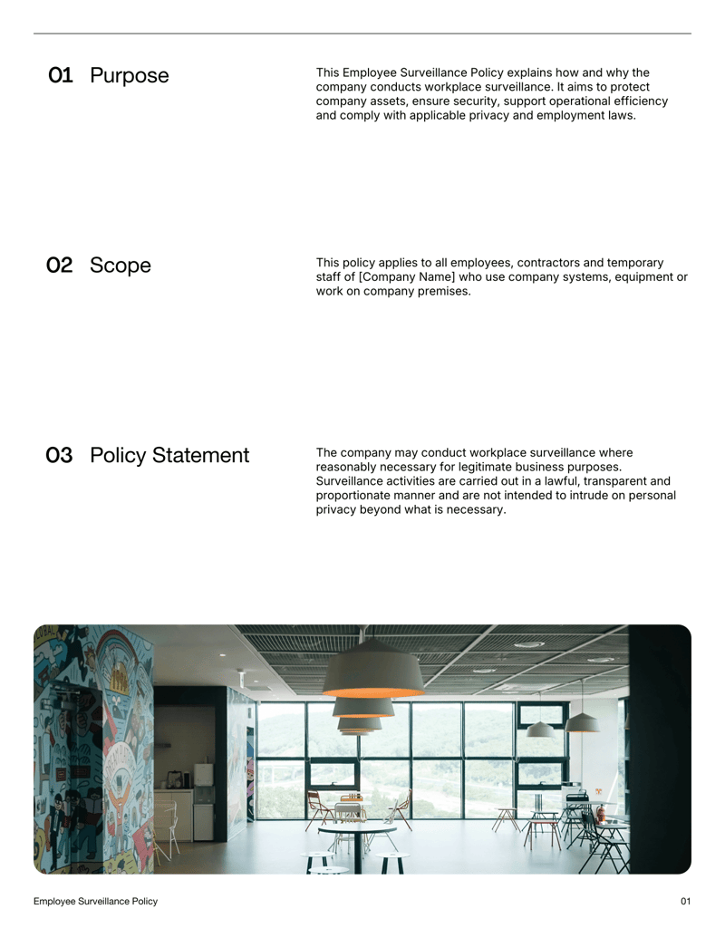 Employee Surveillance Policy document explaining workplace monitoring practices, privacy safeguards and acknowledgment section