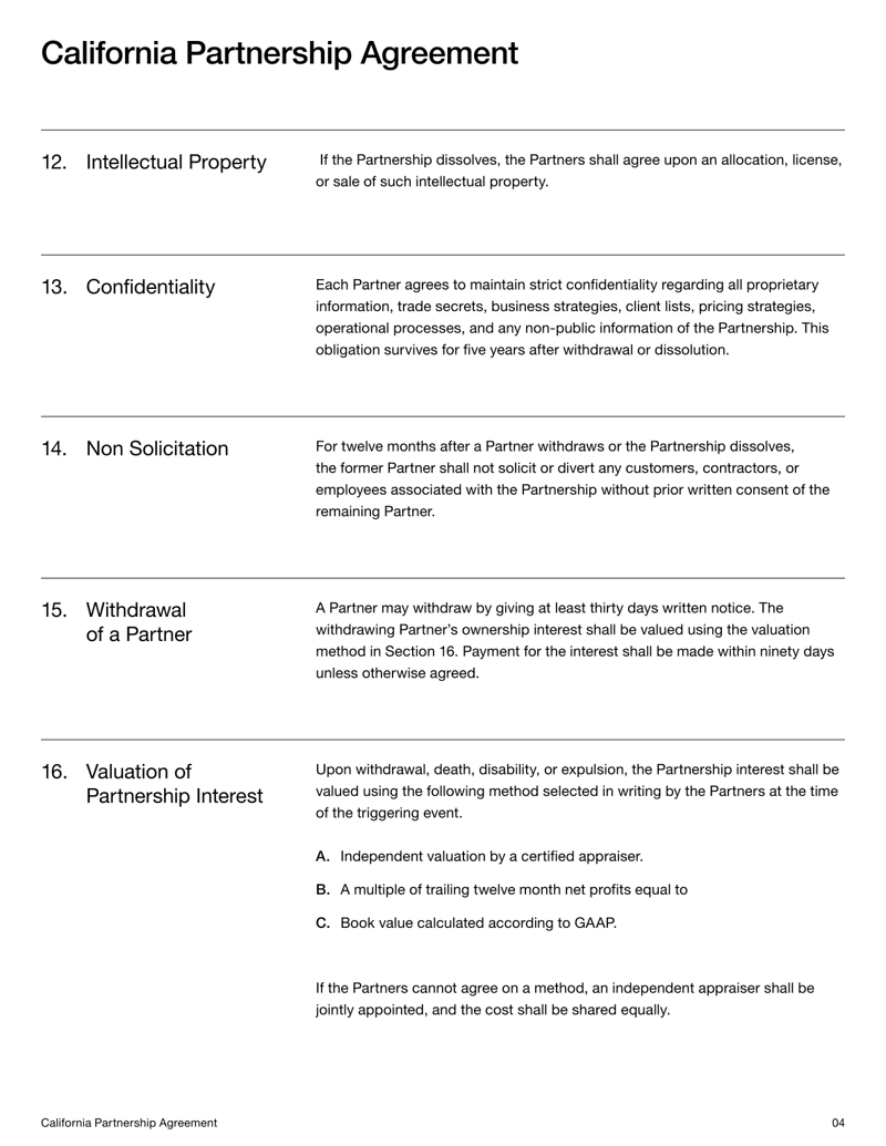Partnership Agreement for California outlining formation, contributions, management rules and dissolution procedures