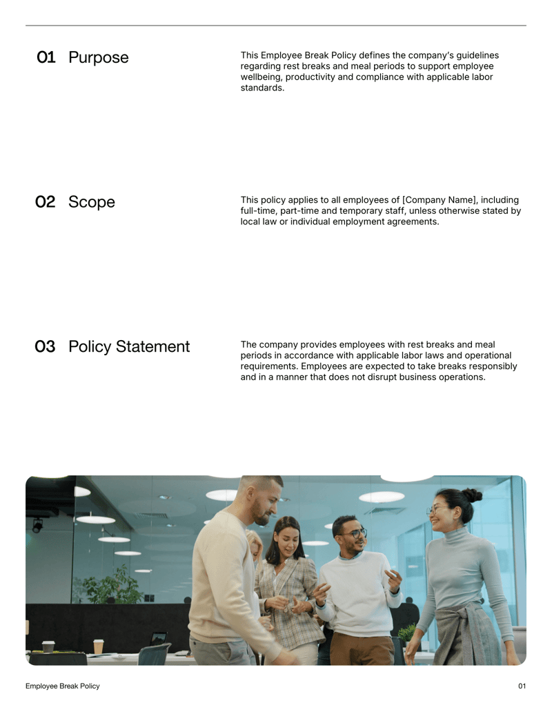 Employee Break Policy defining rest breaks, meal periods and employee acknowledgment