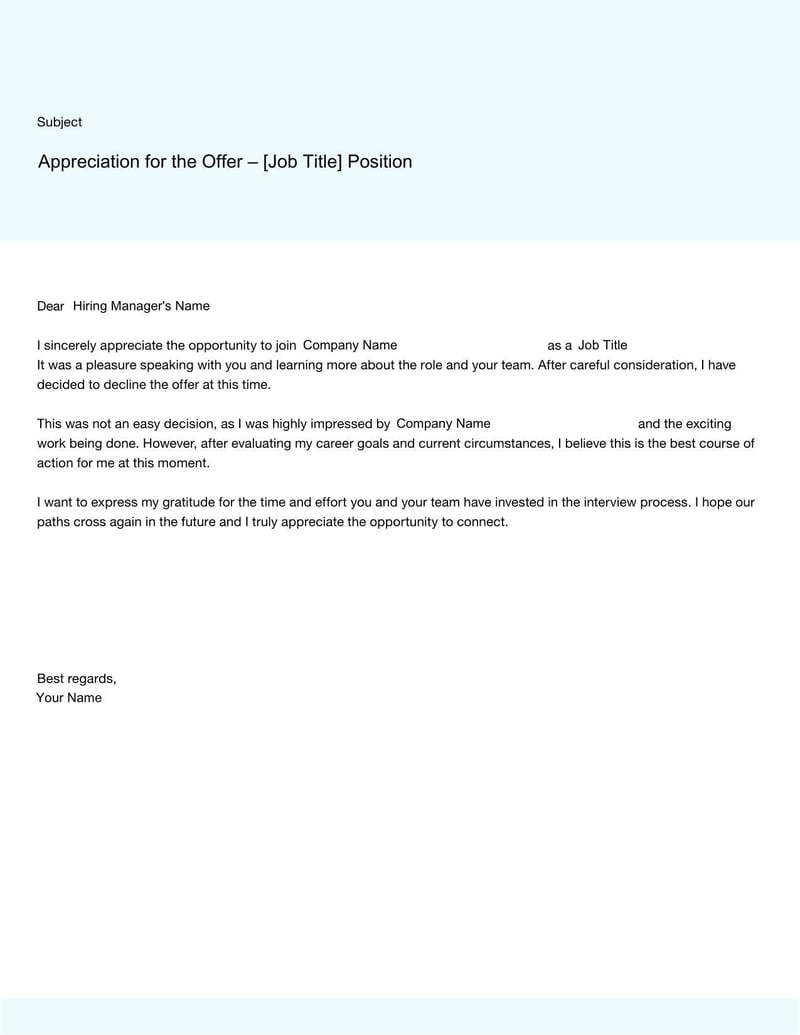 Job Rejection Letter Template for professionally informing an employer of a declined job offer