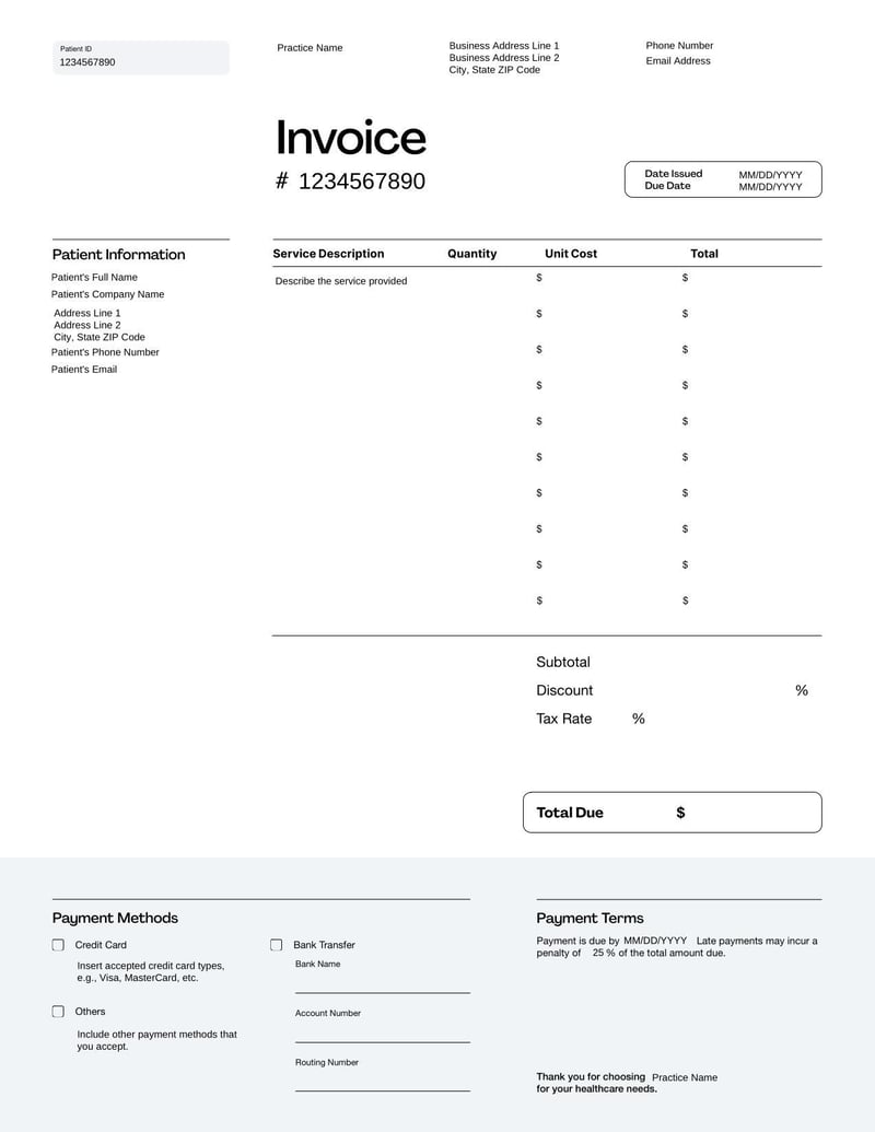 Medical Invoice for documenting healthcare services, treatments, and associated costs