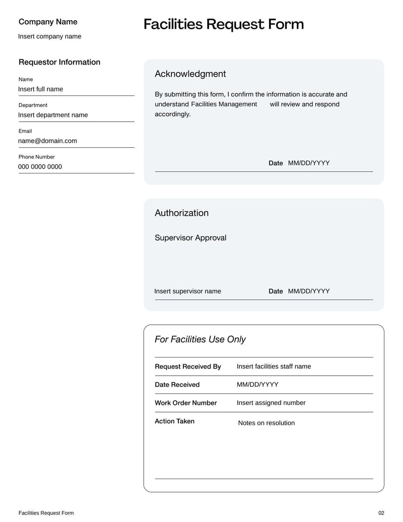 Facilities Request Form for submitting maintenance or room usage requests within an organization