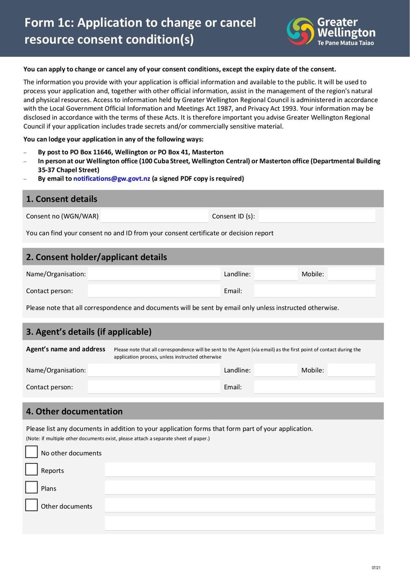 Thumbnail of Form 1c Application to Change or Cancel Resource Consent Conditions - Jul 2021 - page 0