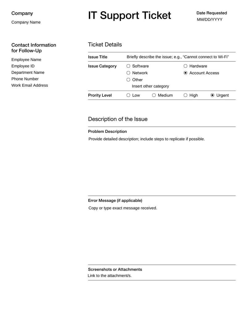 IT Support Ticket Form for reporting and tracking technical issues