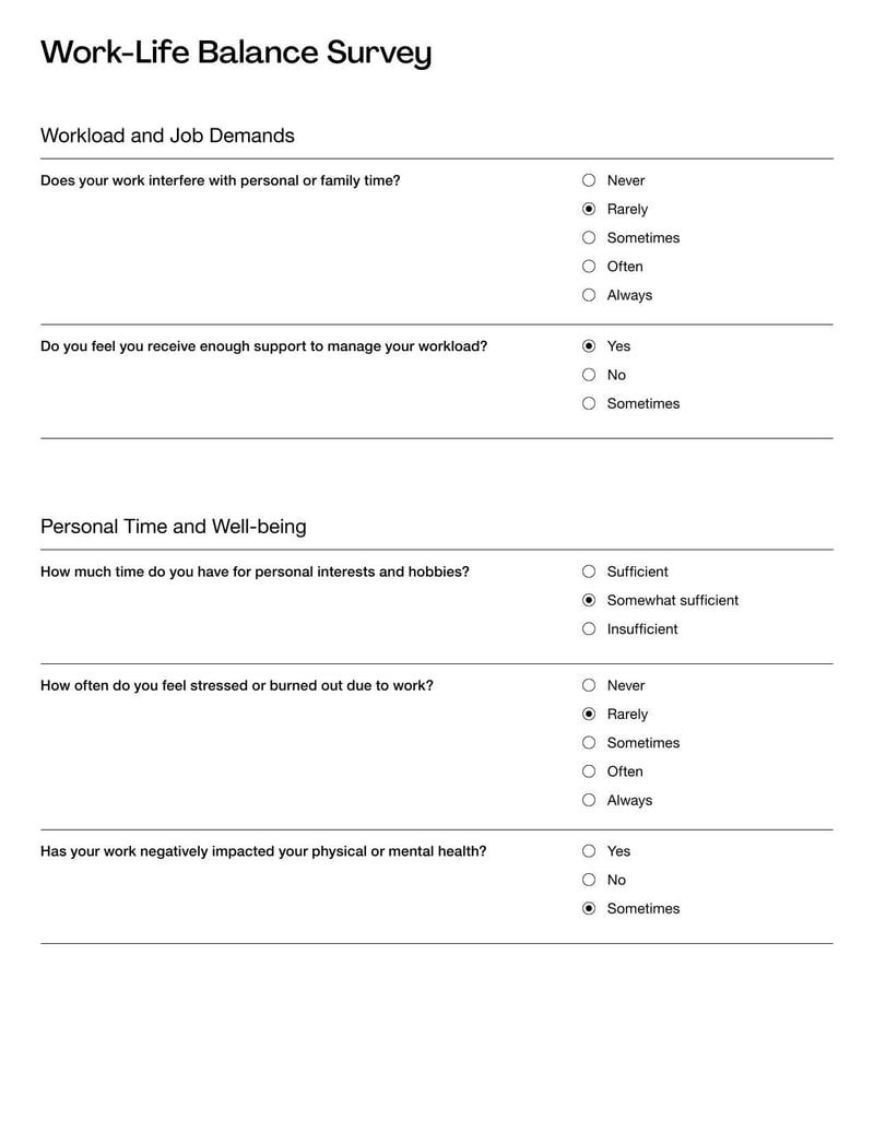 Work-Life Balance Survey Questions for evaluating how effectively employees manage work responsibilities alongside personal life