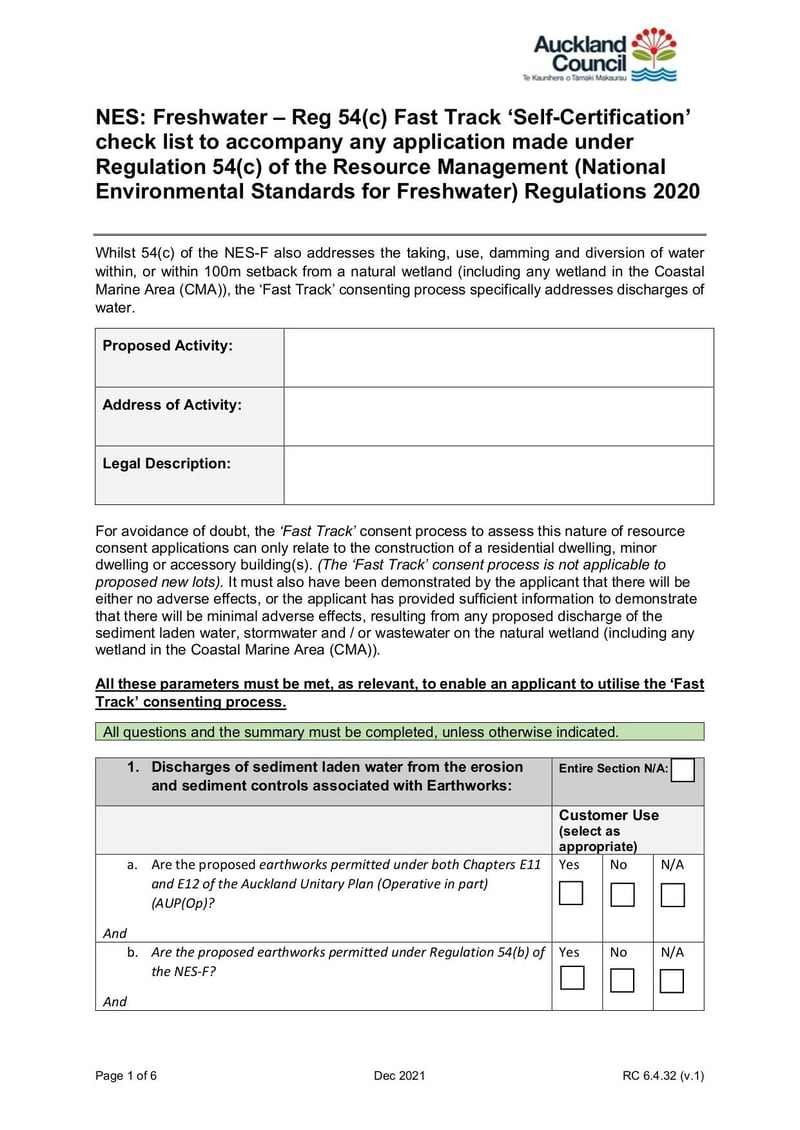 Large thumbnail of Wetland Fast Track Consent Checklist - Dec 2021