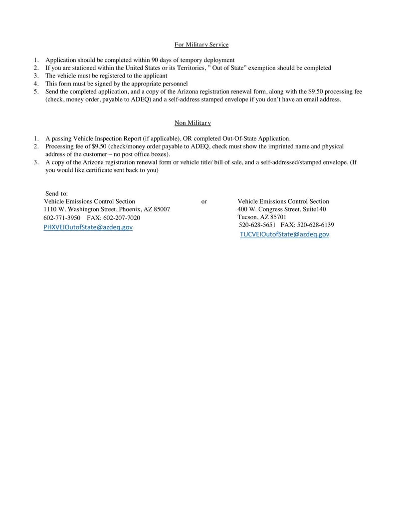 Arizona Out of State/Military Exemption Application Form | Fill 