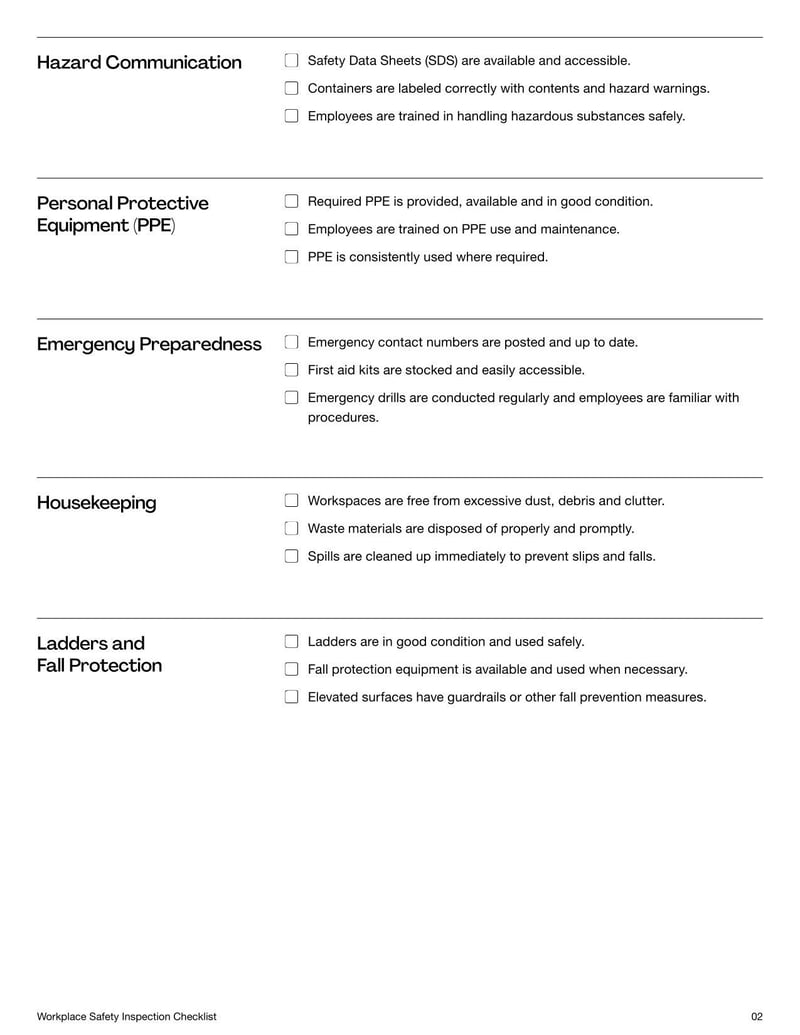 Workplace Safety Inspection Checklist for identifying hazards, ensuring compliance, and maintaining a safe work environment
