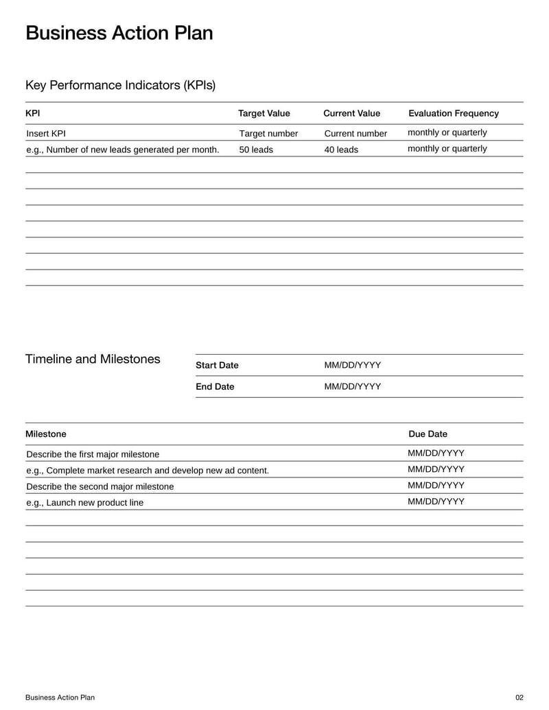 Business Action Plan Template for outlining steps to achieve business objectives