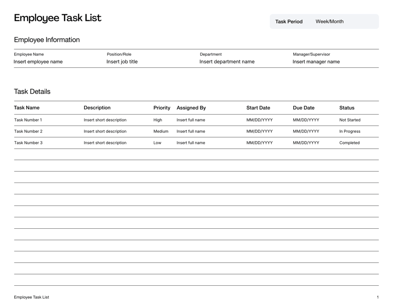 Employee Task List with tables for task details, daily or weekly breakdowns, progress notes and review fields