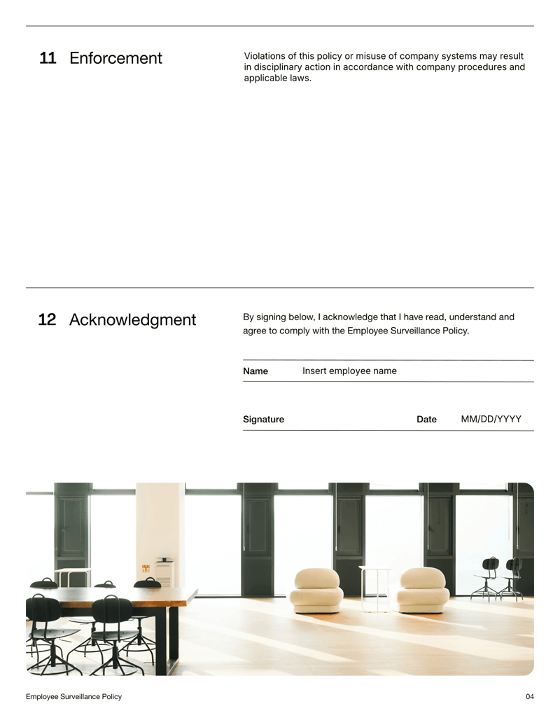 Employee Surveillance Policy document explaining workplace monitoring practices, privacy safeguards and acknowledgment section