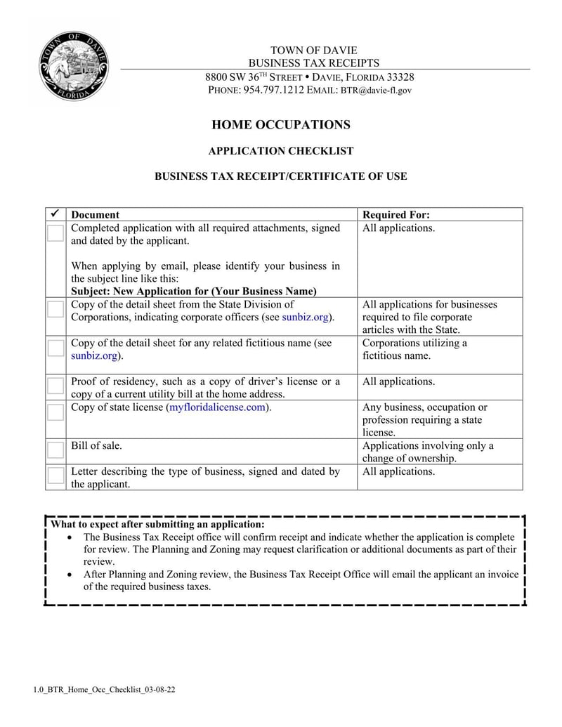 Large thumbnail of Home Occupations Application Checklist and Business Tax Receipt/Certificate of Use (2022)