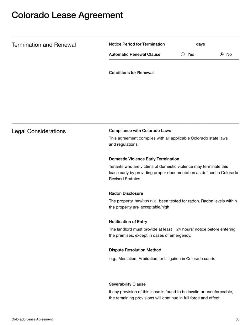 Colorado Lease Agreement for rental terms in Colorado