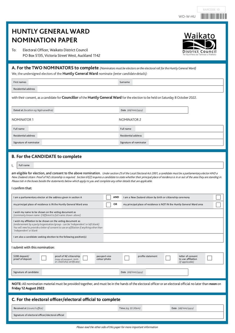 Large thumbnail of Huntly General Ward Nomination Form - Jan 2022