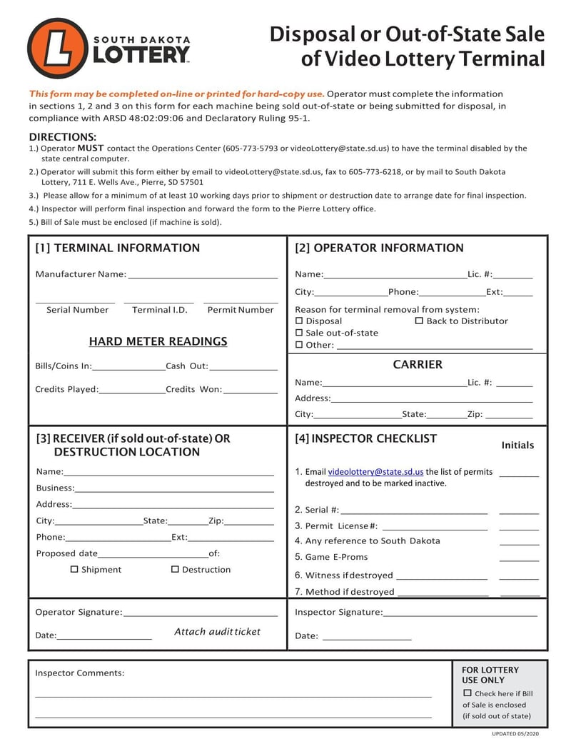 Large thumbnail of South Dakota Disposal or Out-of-State Sale of Video Lottery Terminal (2020)