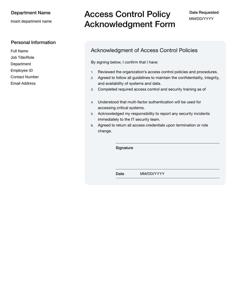 Access Control Policy Acknowledgment Form for confirming access policy review