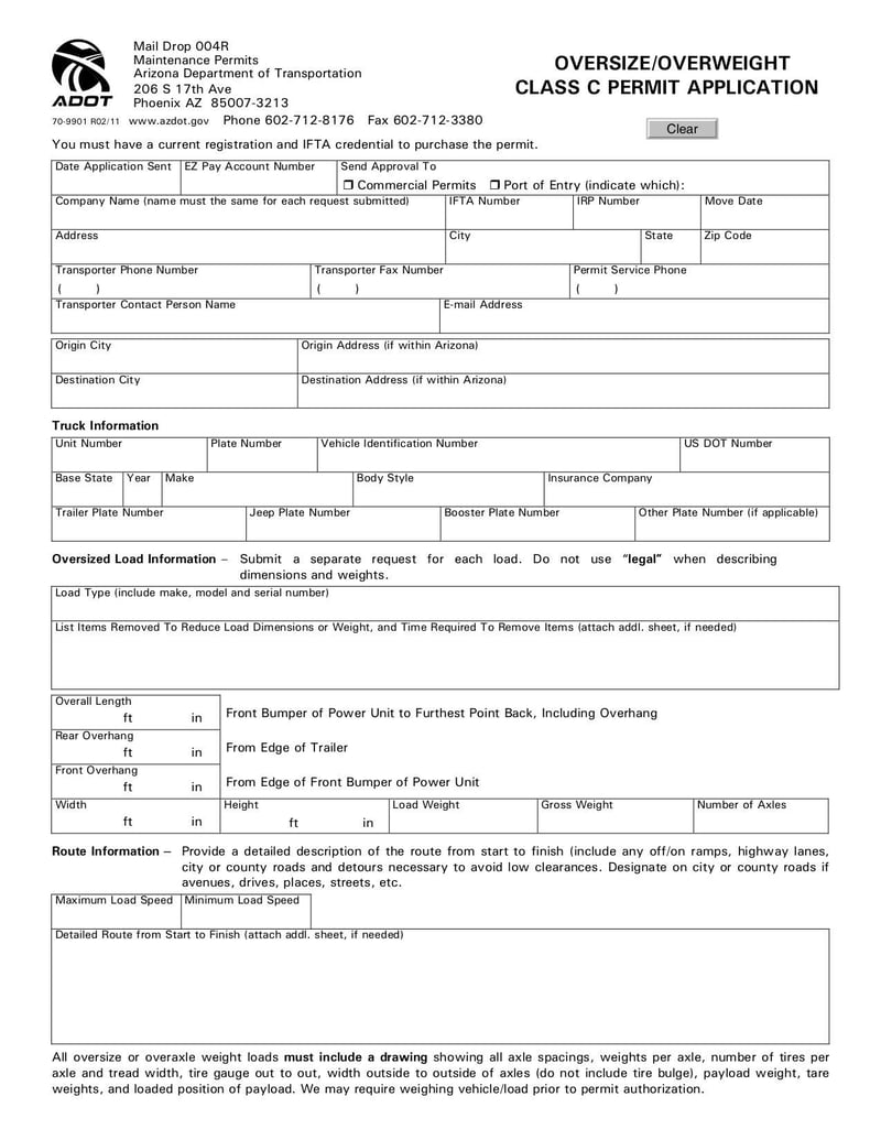 Large thumbnail of Oversize/Overweight Class C Permit Application - Feb 2011