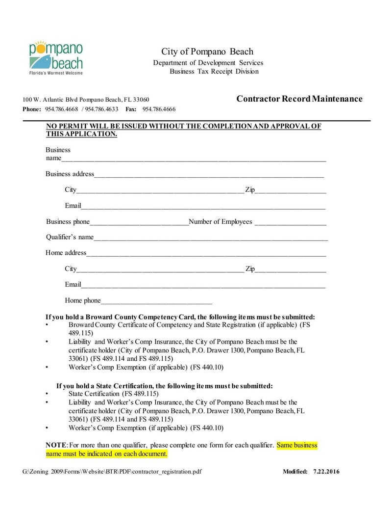 Thumbnail of Contractor Record Maintenance Form - Jul 2016 - page 0
