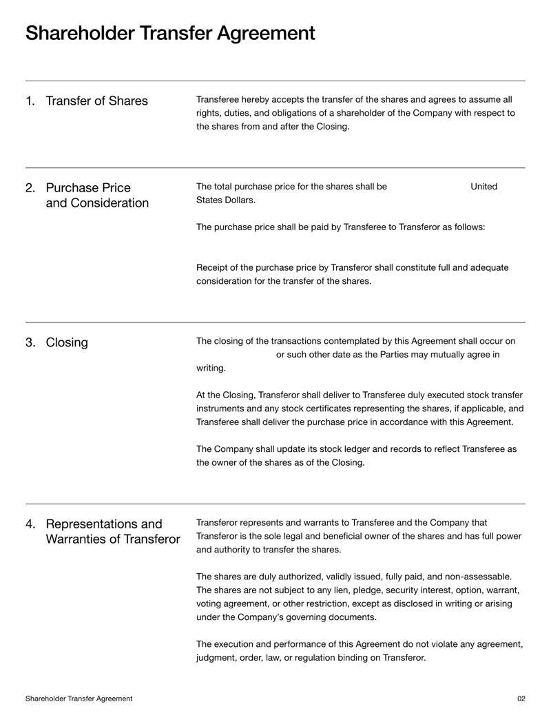 Shareholder Transfer Agreement documenting the sale and transfer of company shares and shareholder obligations