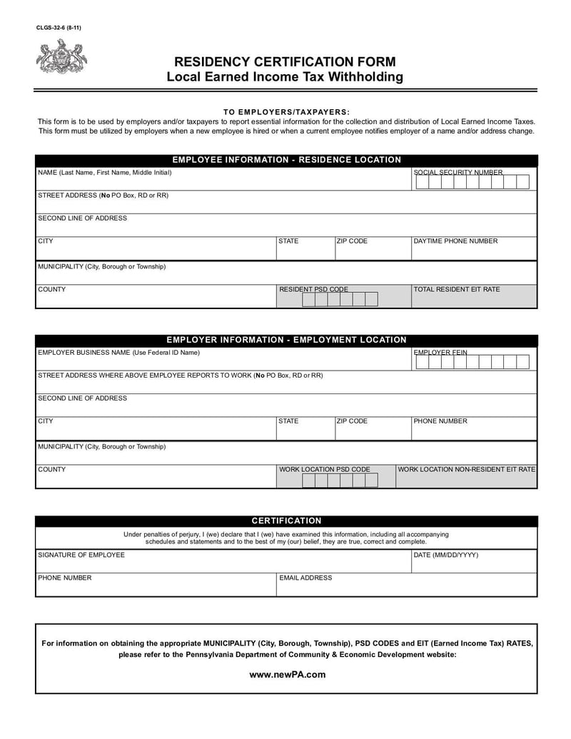 Large thumbnail of Local Earned Income Tax Residency Certification Form - Aug 2011