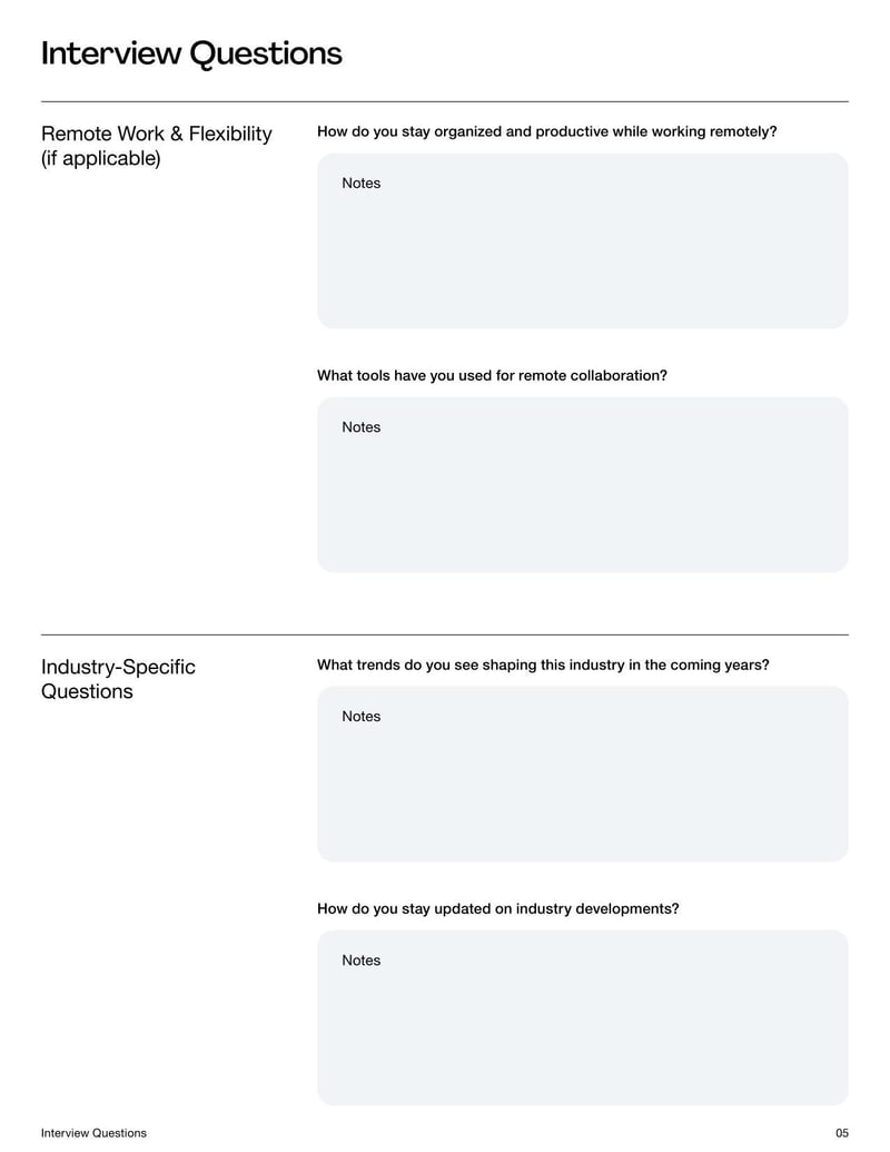 Interview Questions Template for structuring job interviews and evaluating candidates effectively