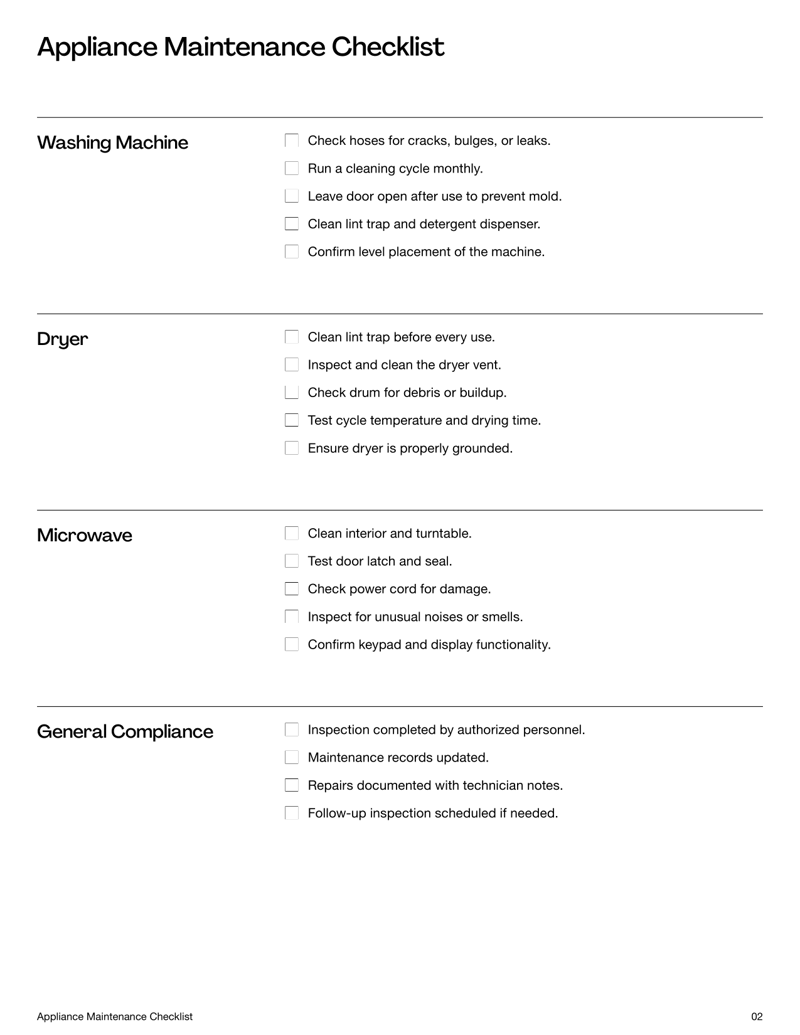 Appliance Maintenance Checklist for inspecting and servicing major household appliances.