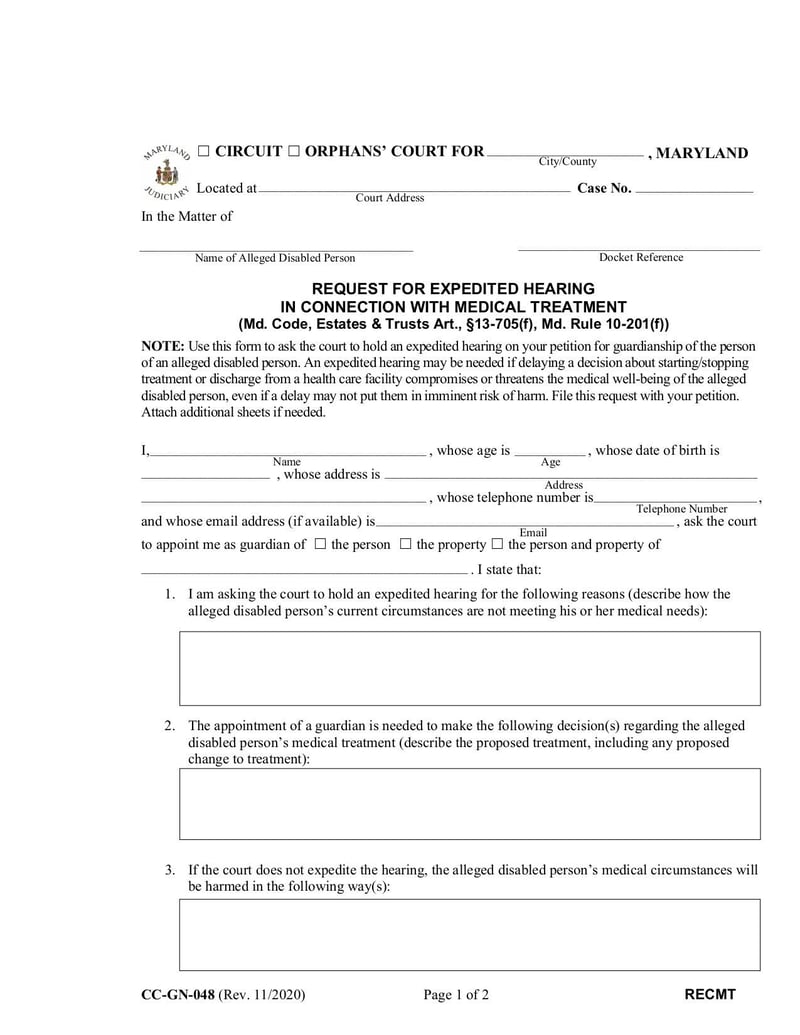 Large thumbnail of Request Form for Expedited Hearing in Connection with Medical Treatment (Form CC-GN-048) - Sep 2021
