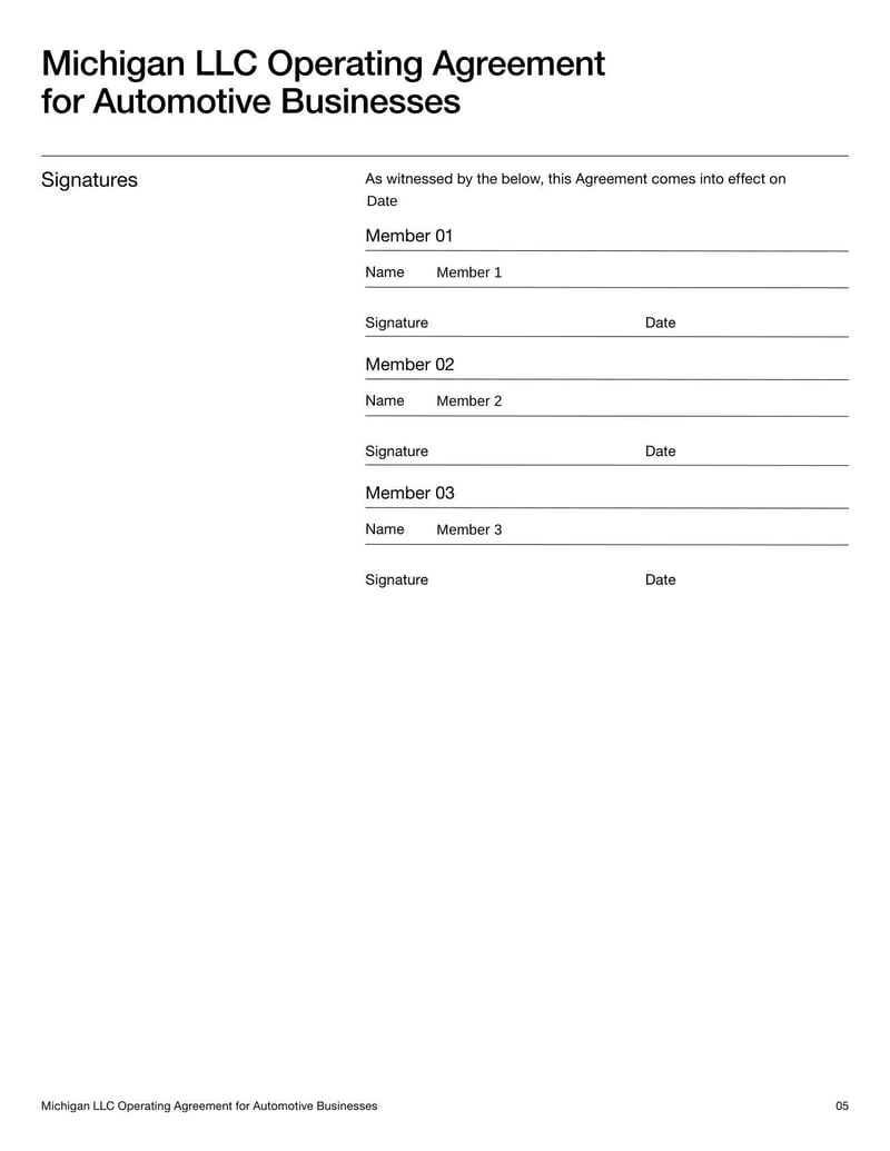 Michigan LLC Operating Agreement for Automotive Businesses outlining operations for a Michigan LLC in the automotive industry