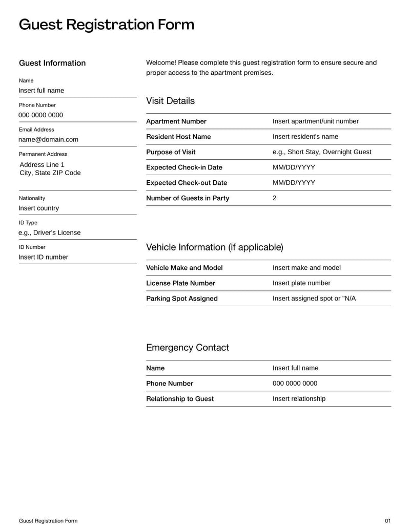 Guest Registration Form used to collect visitor details for security or hospitality purposes