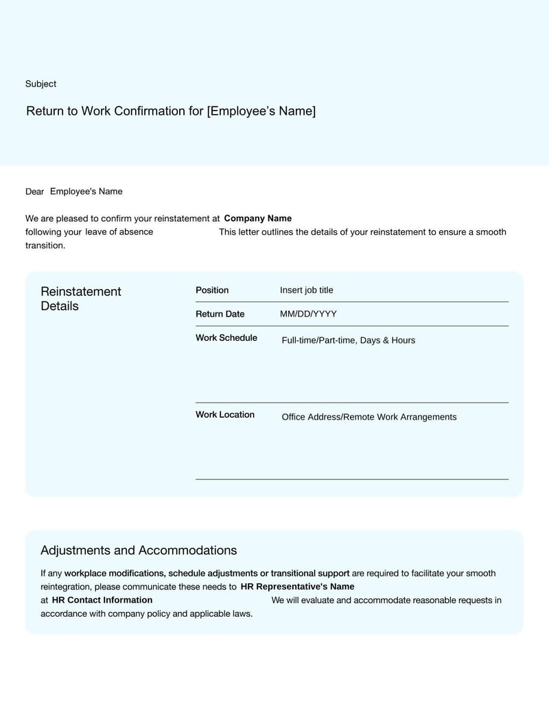 Return to Work Letter Template for notifying an employee about resuming duties after leave