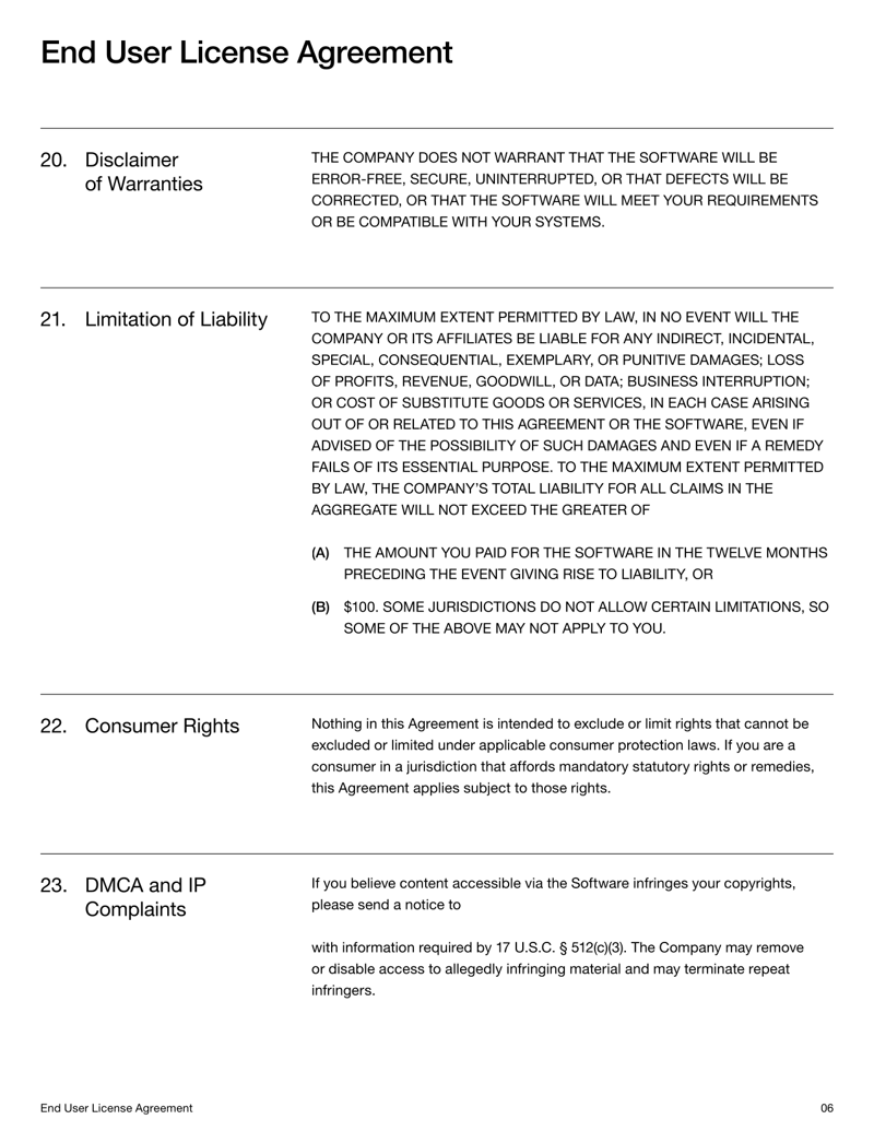 End User License Agreement setting software license terms, user rights and compliance obligations