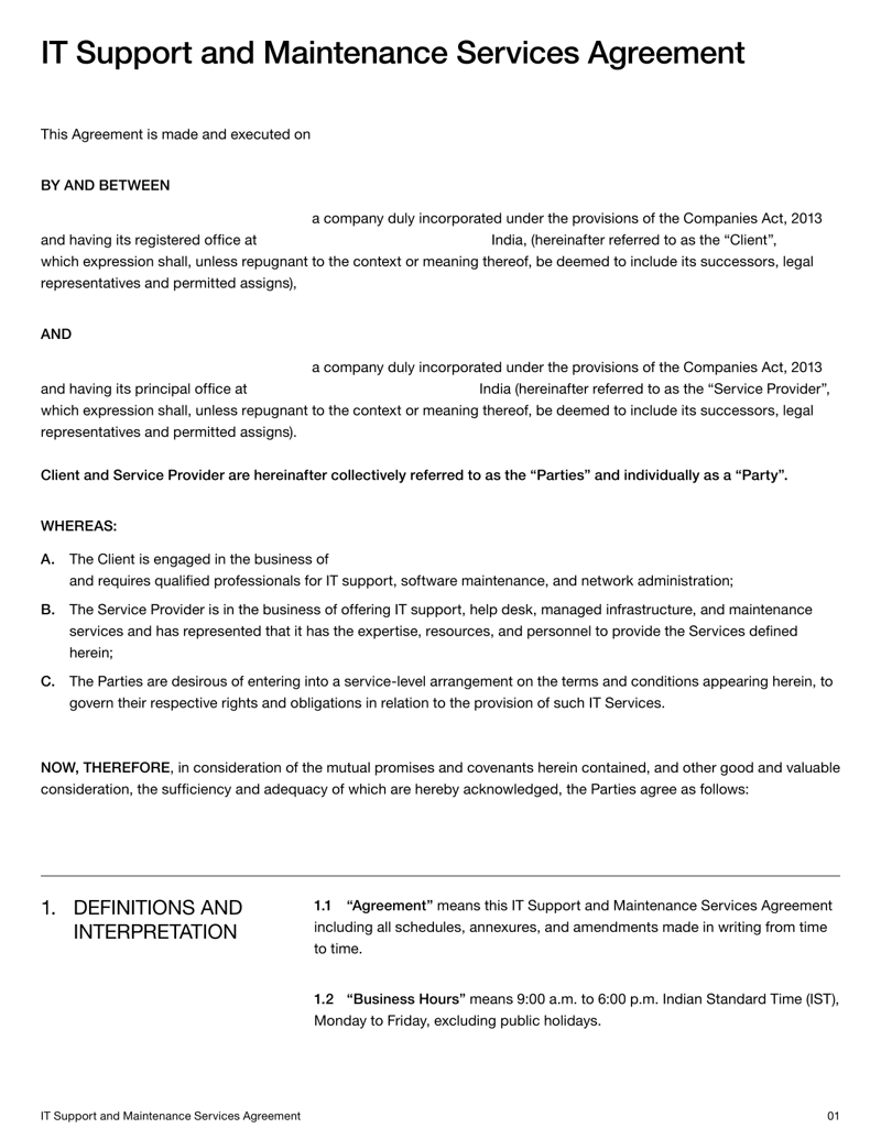 IT Support and Maintenance Services Agreement (India) with service terms, system upkeep details, and dispute resolution provisions