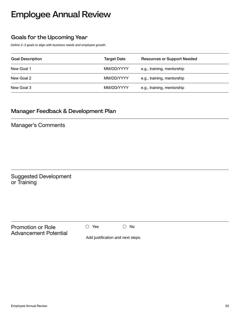 Employee Annual Review Template for documenting performance evaluations and setting future goals