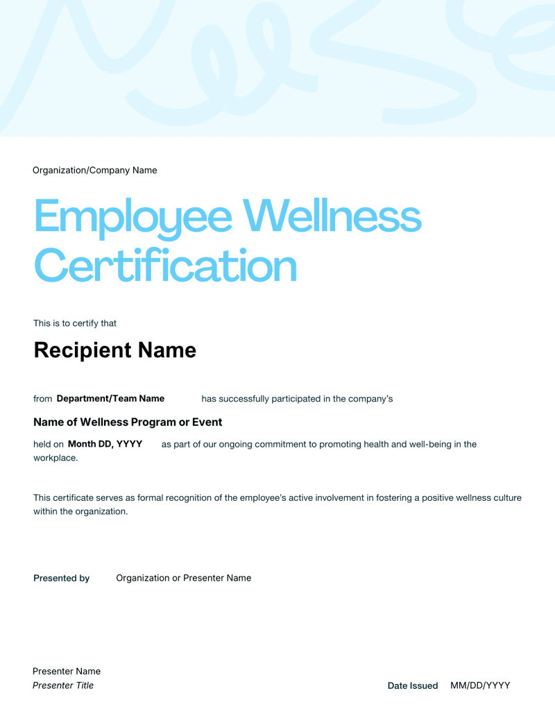 Employee Wellness Certification recognizing participation in corporate wellness event with name, department, event detail and authorized signature