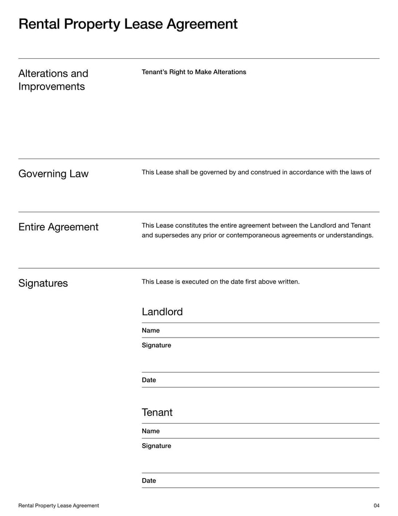 Rental Property Lease Agreement detailing terms between a landlord and tenant, including rent, security deposit, and lease duration