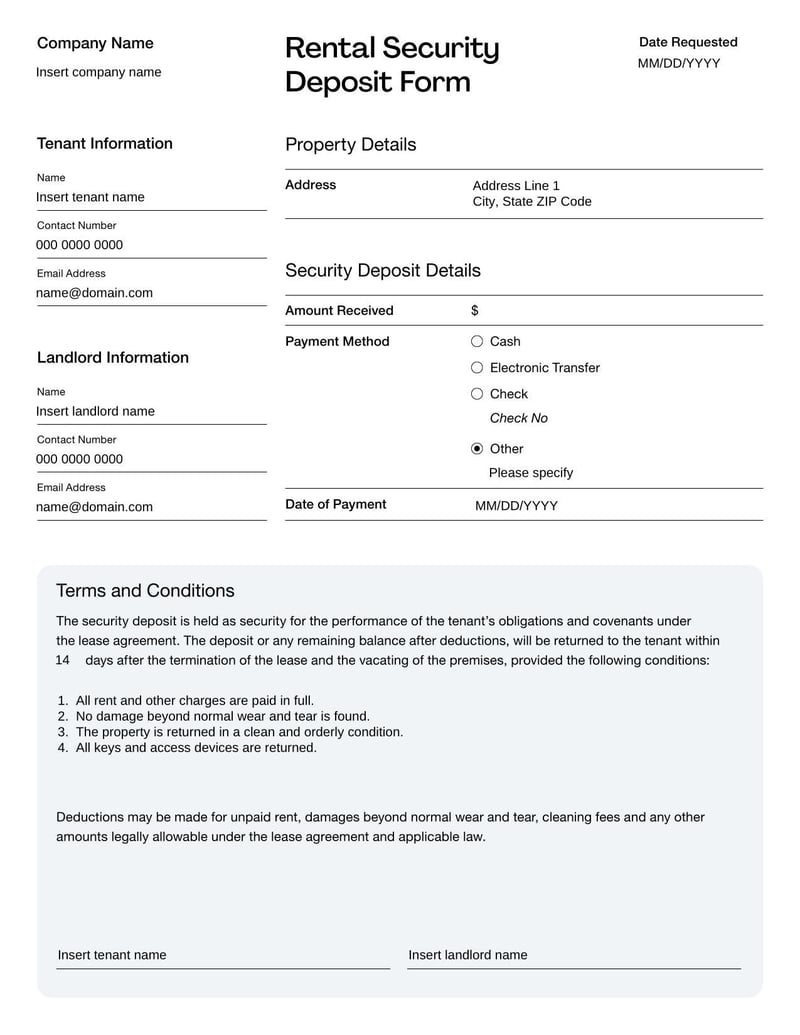 Rental Security Deposit Form documenting tenant's payment securing rental property obligations